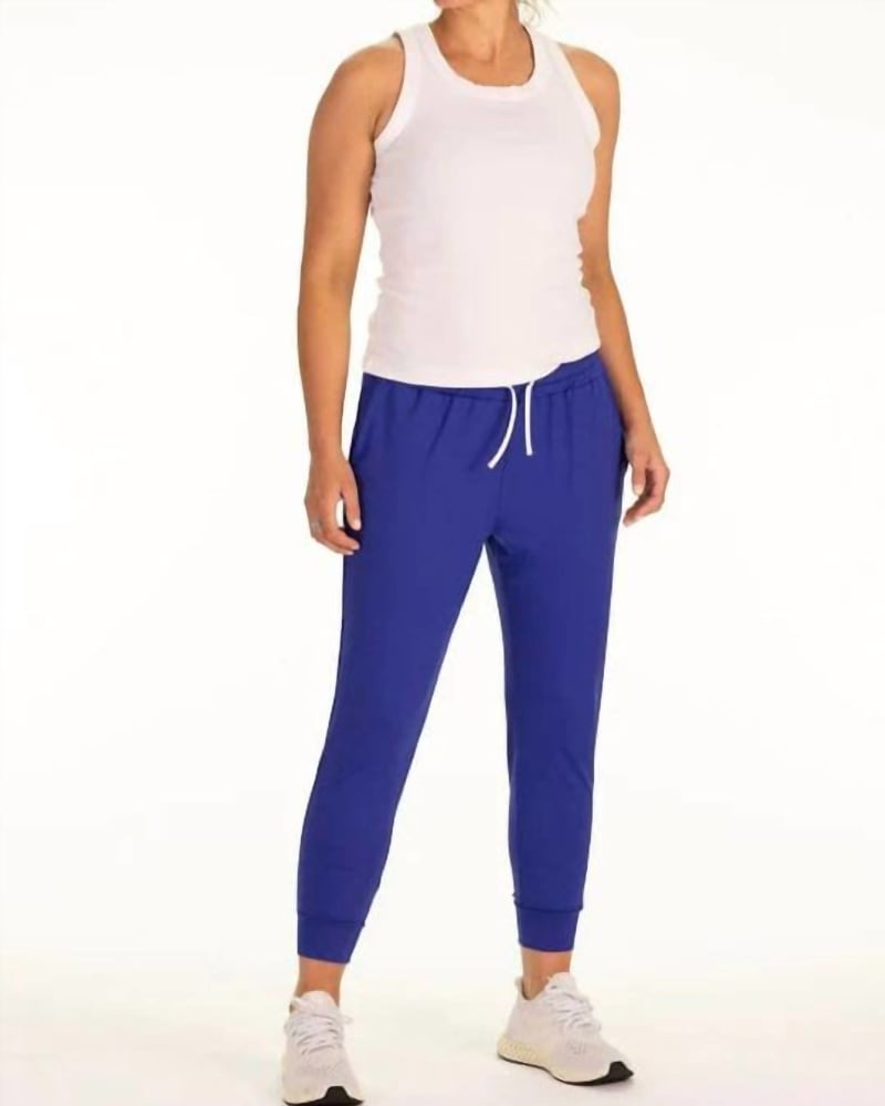 Front of a model wearing a size Extra Large Performance Natasha Jogger In Bright Blue in Bright Blue by Duffield Lane. | dia_product_style_image_id:347619